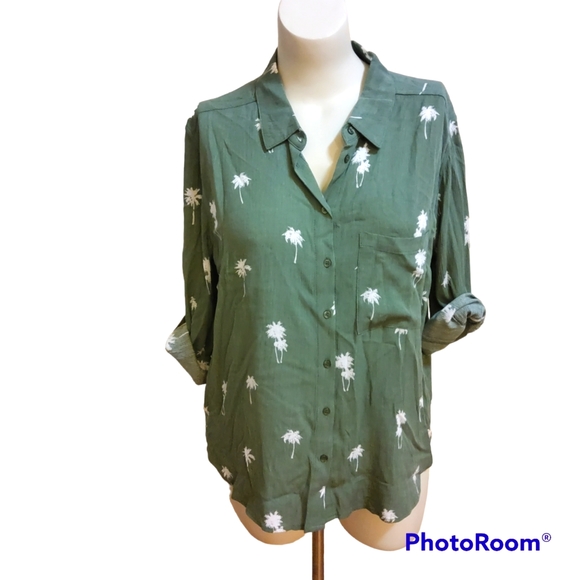 Market & Spruce Button Down Floral Palm Tree Print Shirt Size L Green New - Picture 2 of 8